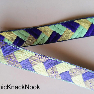 Purple / Fuchsia Pink, Green And Gold Embroidered Trim, Geometric Pattern